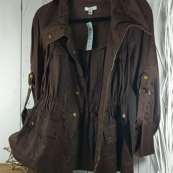 Cache Brown Linen Lightweight Fall Jacket‎ Gold Accents XS Quiet Luxury Rich NWT - Picture 1 of 16